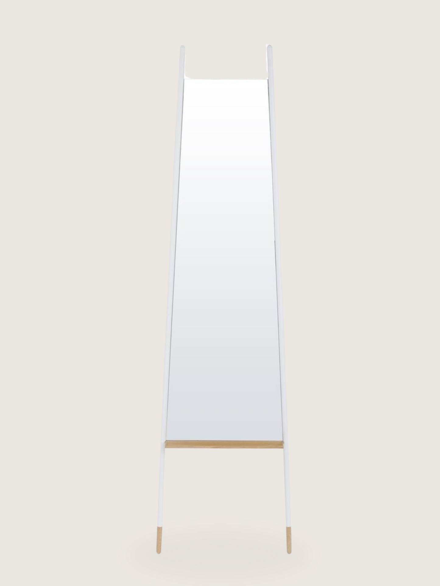 Slim Leaning Mirror - Modern White Metal Frame, Natural Wooden Legs