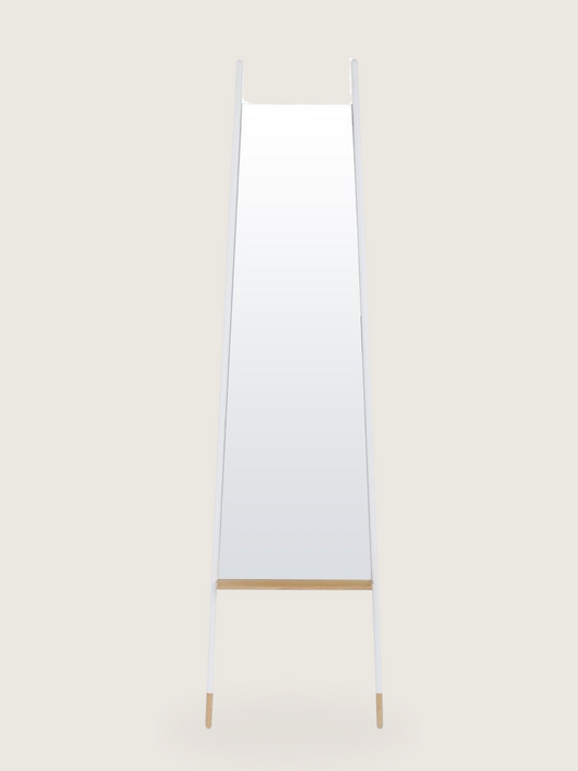 Slim Leaning Mirror - Modern White Metal Frame, Natural Wooden Legs