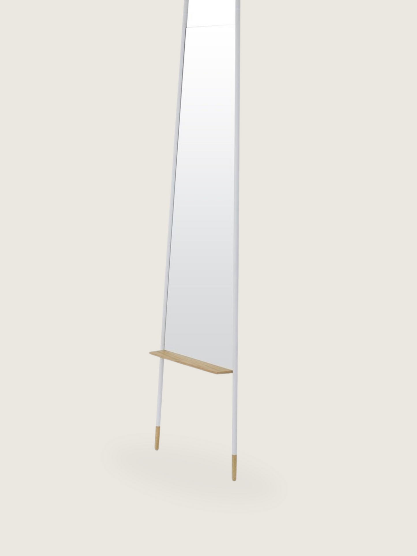 Slim Leaning Mirror - Modern White Metal Frame, Natural Wooden Legs