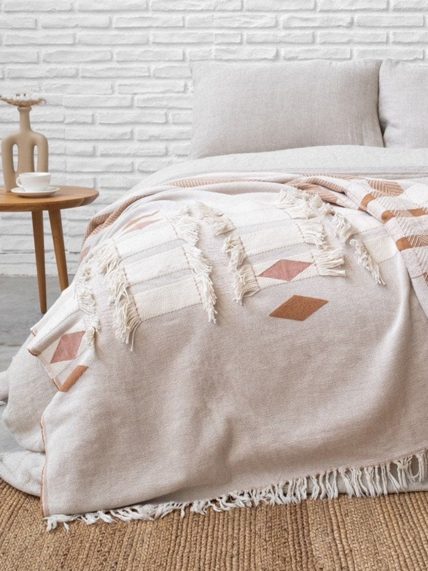 Boho 100% Cotton Sofa Throw Blanket - Beige